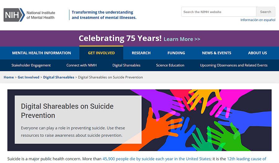 Captura de pantalla de materiales digitales para compartir sobre la prevención del suicidio