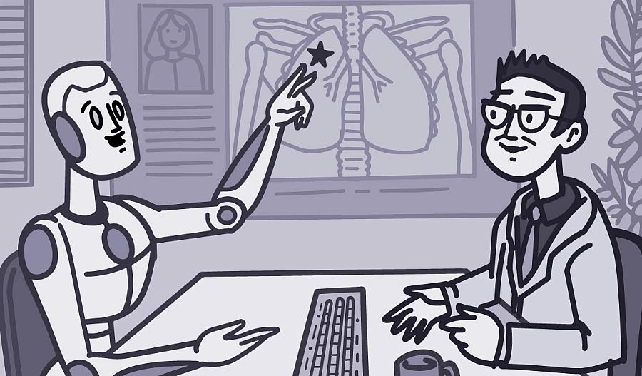 Ilustración de un robot y un médico analizando juntos una imagen médica.