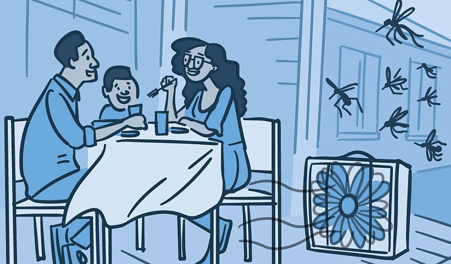 Ilustración de una familia comiendo al aire libre mientras usan un ventilador para protegerse de los mosquitos.