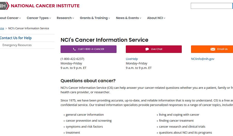 Captura de pantalla del sitio web del Servicio de Información sobre el Cáncer