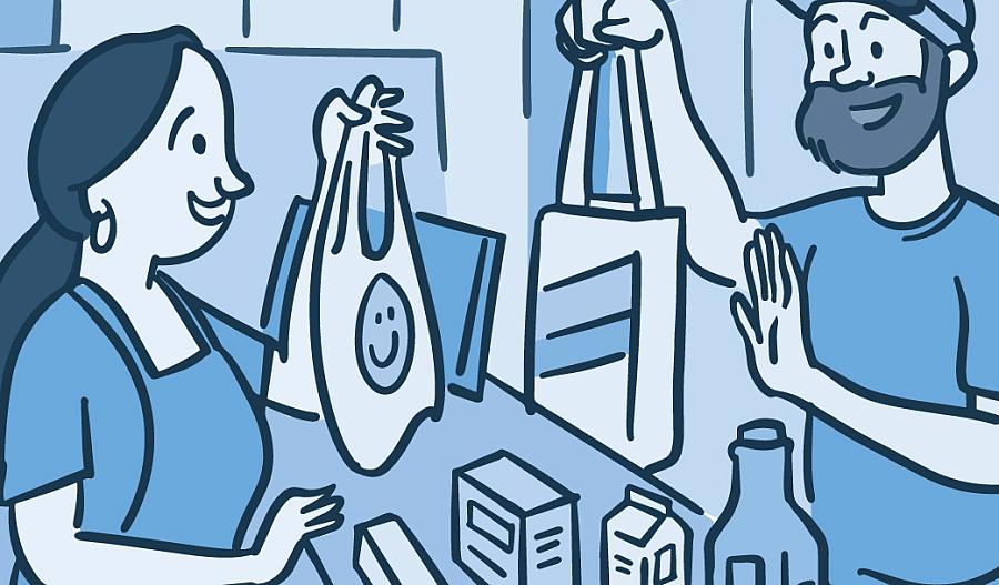 Ilustración de un hombre que rechaza una bolsa de plástico en un supermercado para usar su propia bolsa reutilizable.