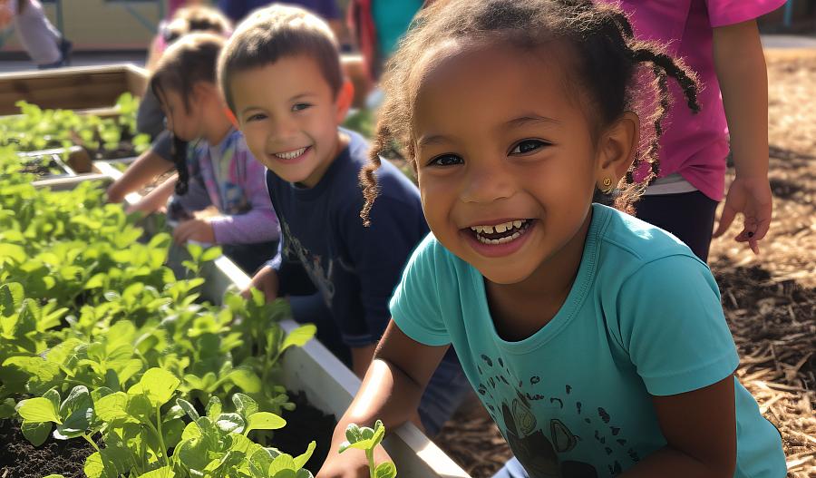 Niños pequeños están cuidando las plantas de un huerto comunitario. Imagen generada por inteligencia artificial (IA).