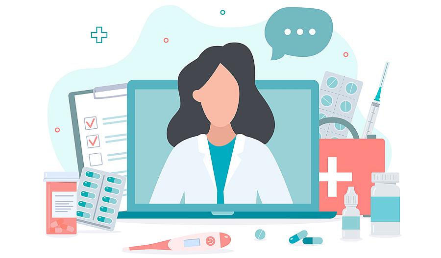 Un dibujo de una proveedora de cuidado de salud emergiendo de una pantalla de una computadora, rodeada de cosas relacionadas con la medicina.