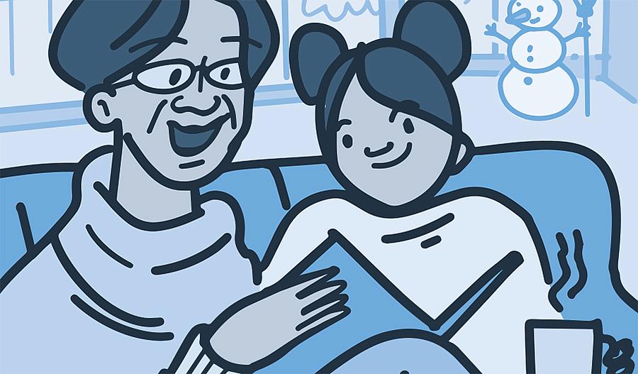 Ilustración de una abuela y una nieta acurrucadas bajo una manta leyendo un libro en un día de invierno.