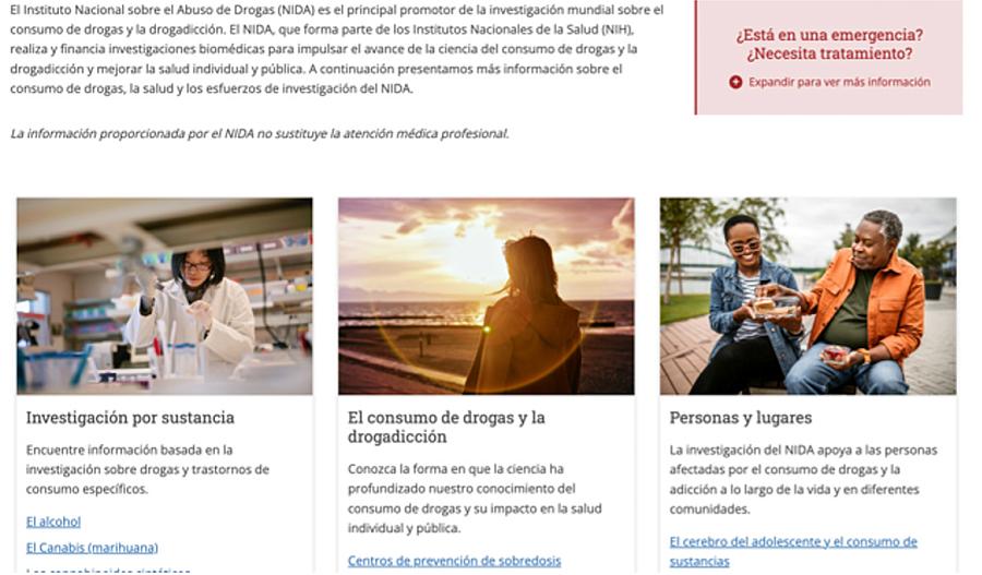 Captura de pantalla de la página web  del Instituto Nacional sobre el Abuso de Drogas (NIDA, por sus siglas en inglés).