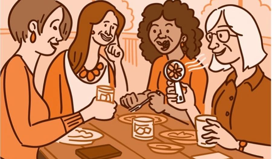 Ilustración de cuatro mujeres almorzando, una de ellas con un pequeño ventilador en la mano.