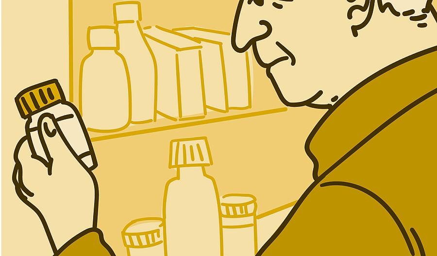 Ilustración de un adulto mayor leyendo la etiqueta de un frasco de medicamentos.