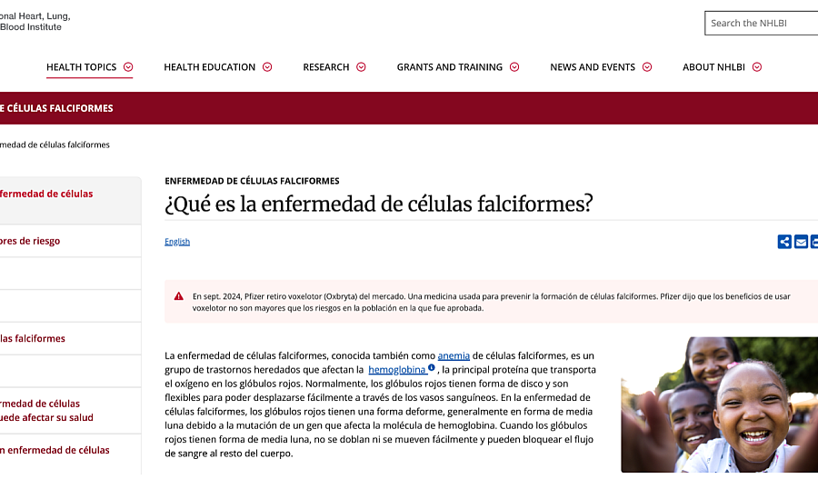 Una captura de pantalla muestra una página web sobre la enfermedad de células falciformes, del Instituto Nacional del Corazón, los Pulmones y la Sangre.