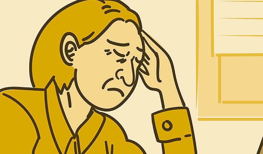 Una ilustración muestra a una mujer con su mano en su frente, cerrando sus ojos debido a un dolor de cabeza.
