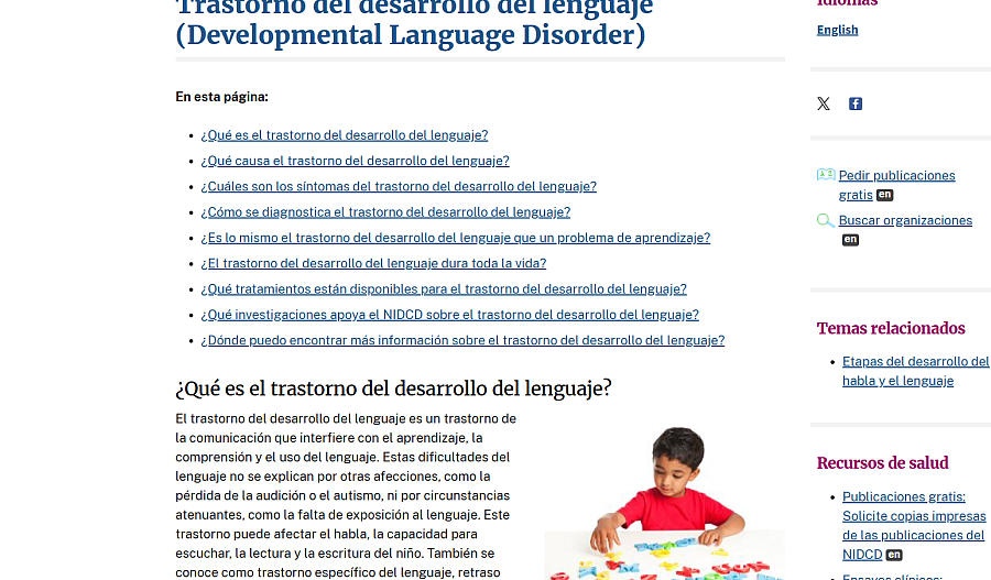 Captura de pantalla de la página web sobre el trastorno del desarrollo del lenguaje, del Instituto Nacional de la Sordera y Otros Trastornos de la Comunicación (NIDCD, por sus siglas en inglés).