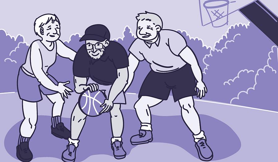 Una ilustración muestra a tres adultos jugando basquetbol en una cancha al aire libre.